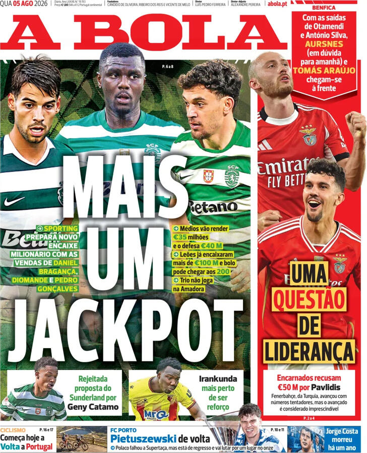 Capas dos jornais desportivos de 5 de Agosto de 2026 2 Capa - A Bola