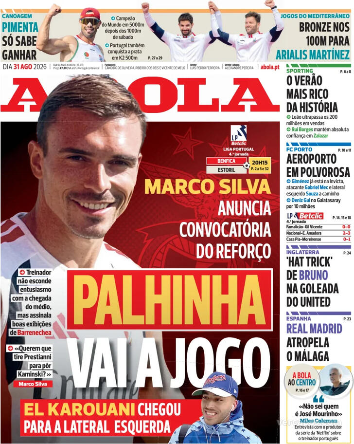 Capas dos jornais desportivos de 31 de Agosto de 2026 2 Capa - A Bola