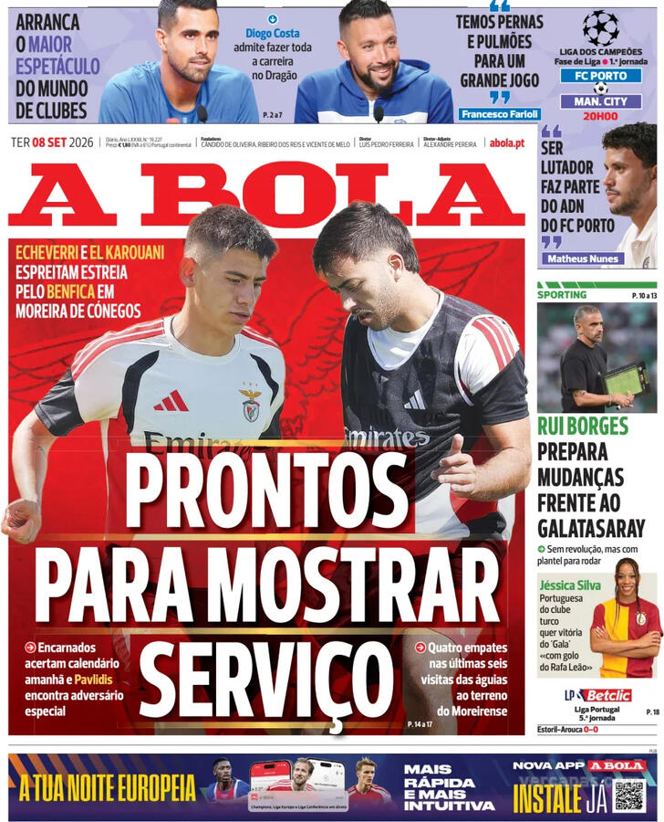 Capas dos jornais desportivos de 8 de Setembro de 2026 2 Capa - A Bola