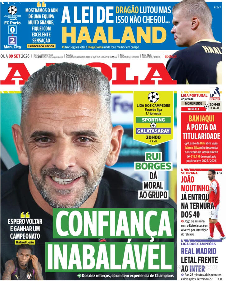 Capas dos jornais desportivos de 9 de Setembro de 2026 2 Capa - A Bola