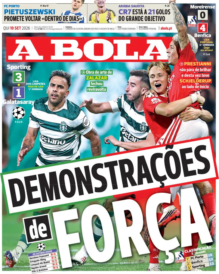 Capas dos jornais desportivos de 10 de Setembro de 2026 2 Capa - A Bola