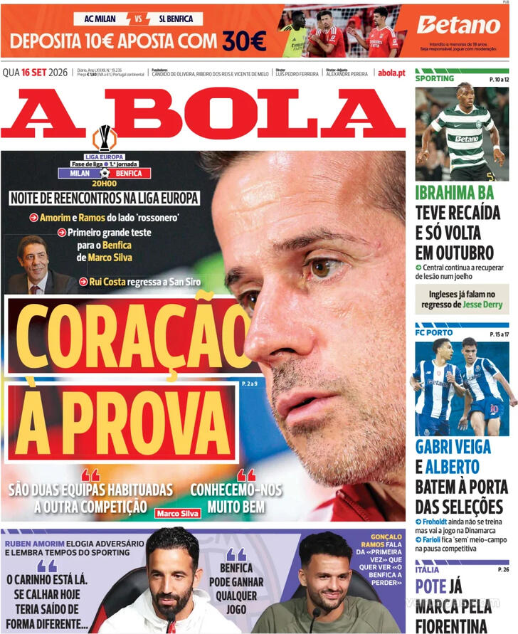 Capas dos jornais desportivos de 16 de Setembro de 2026 2 Capa - A Bola