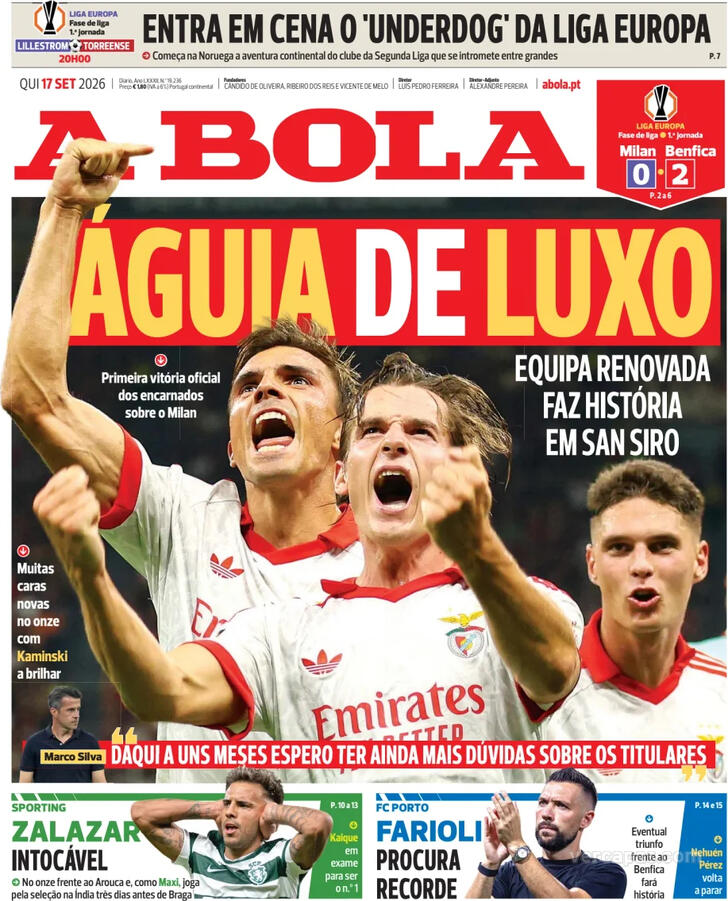 Capas dos jornais desportivos de 17 de Setembro de 2026 2 Capa - A Bola