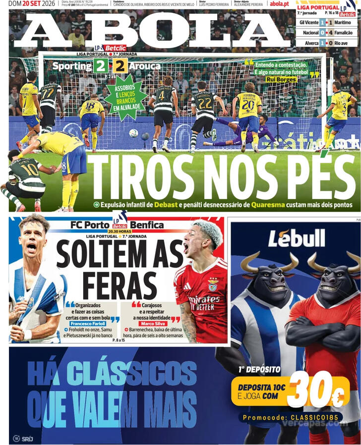 Capas dos jornais desportivos de 20 de Setembro de 2026 2 Capa - A Bola