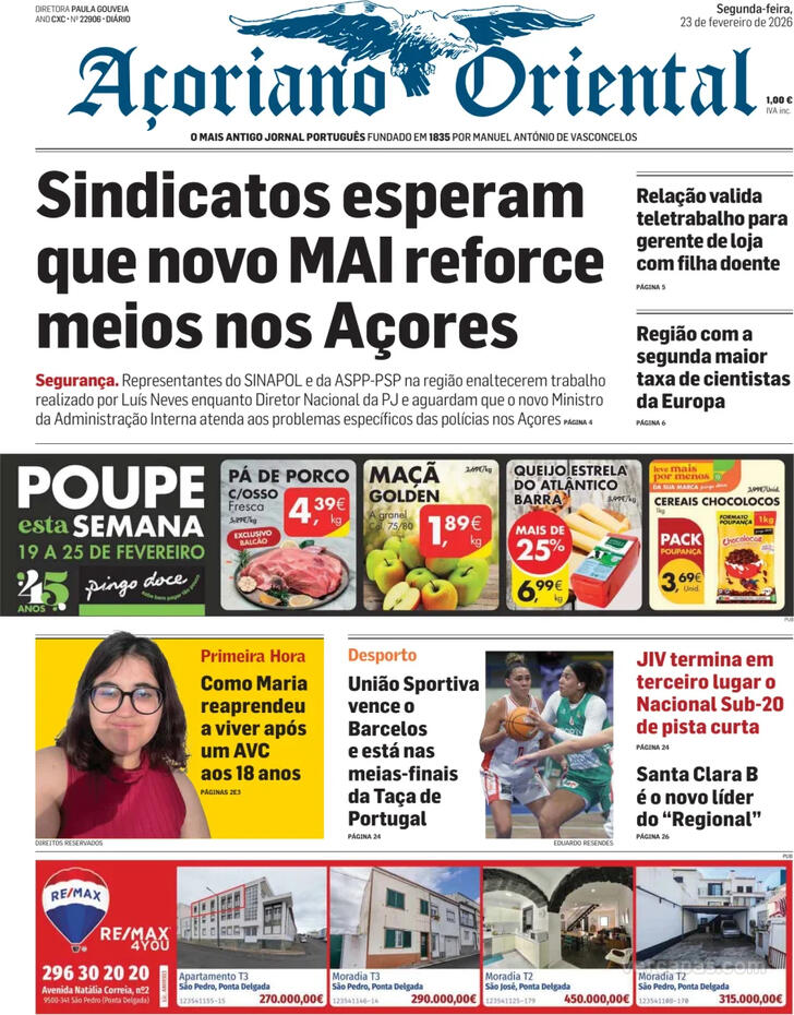 Capa A�oriano Oriental - 2026-02-23