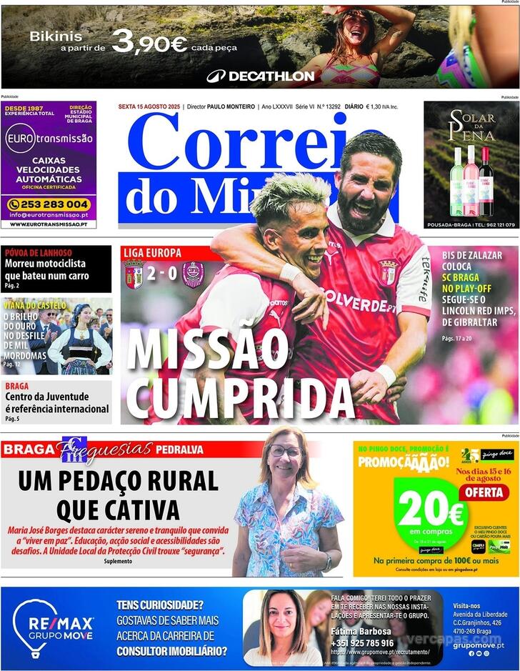 Capa Correio do Minho - 2025-08-15