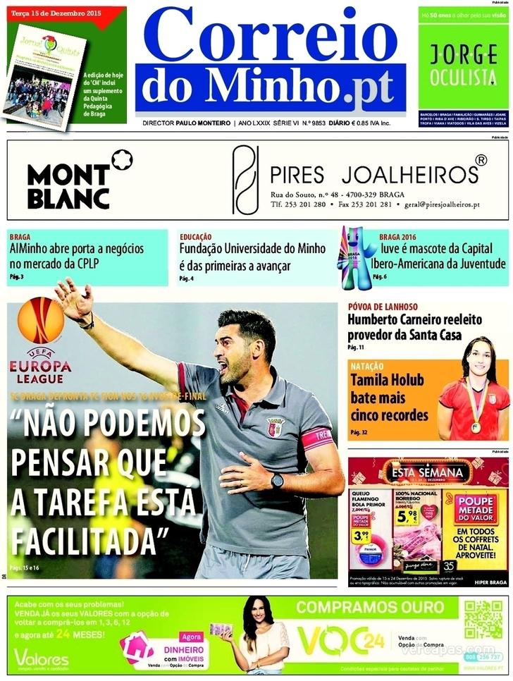 Capa Correio do Minho - 2015-12-15