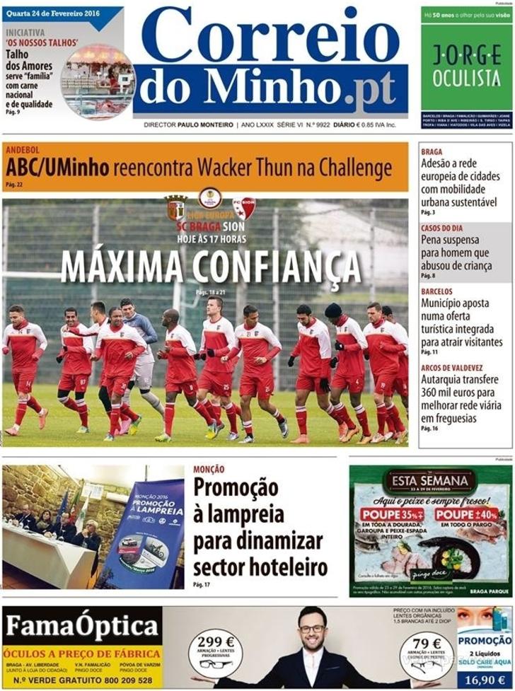 Capa Correio do Minho - 2016-02-24