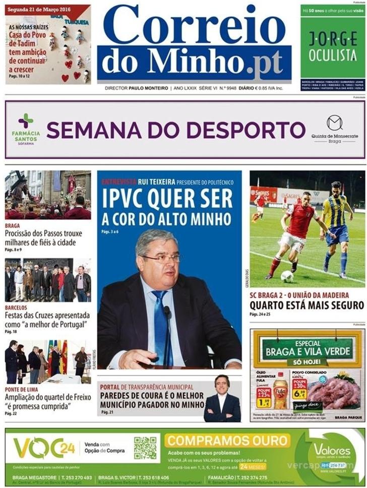 Capa Correio do Minho - 2016-03-21