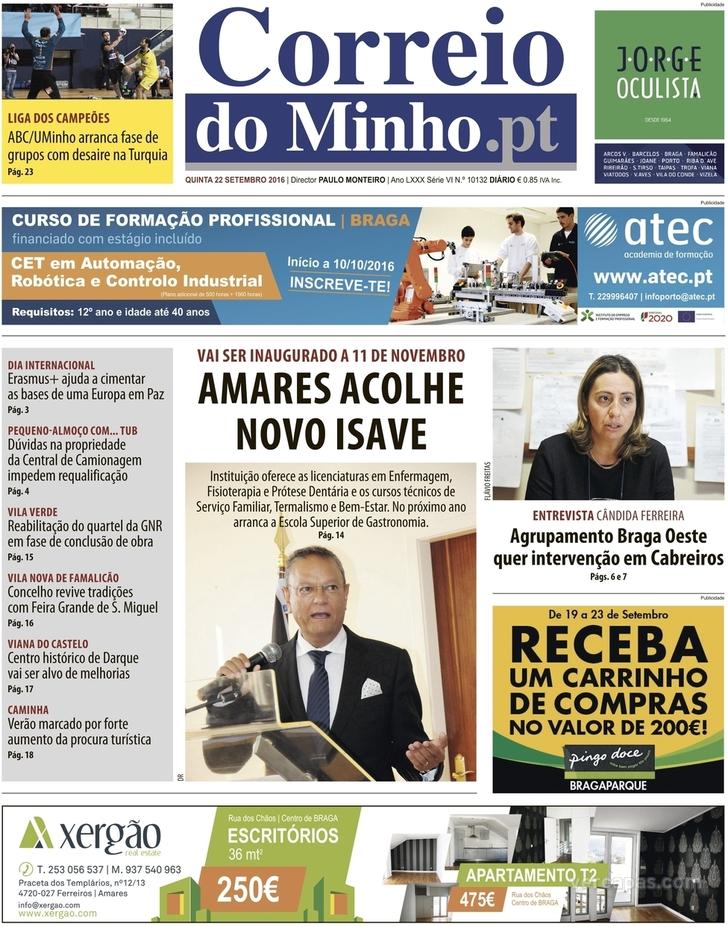 Capa Correio do Minho - 2016-09-22