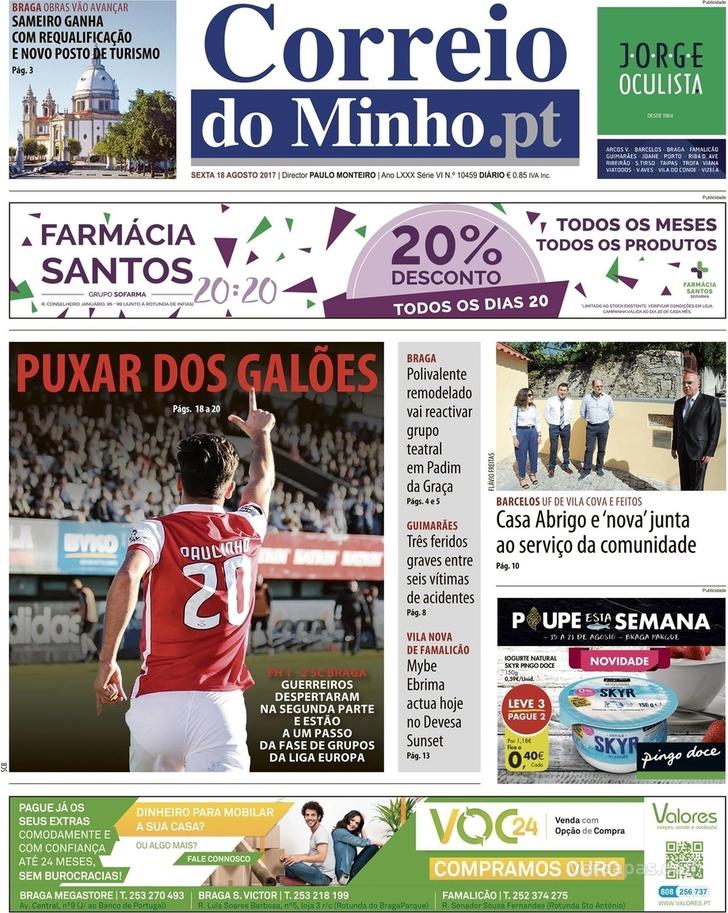 Capa Correio do Minho - 2017-08-18