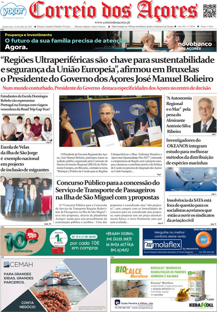 Capa Correio dos Aores - 2025-07-16