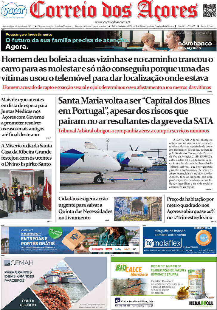 Capa Correio dos Aores - 2025-07-17