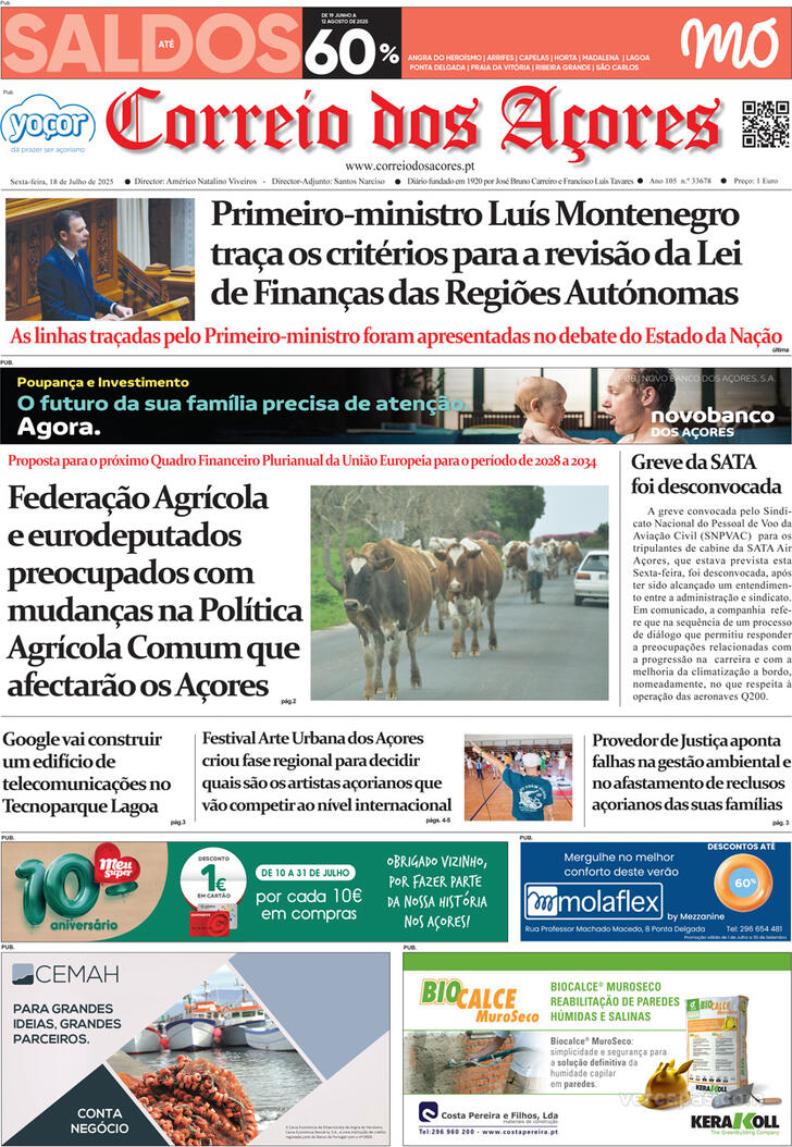 Capa Correio dos Aores - 2025-07-18