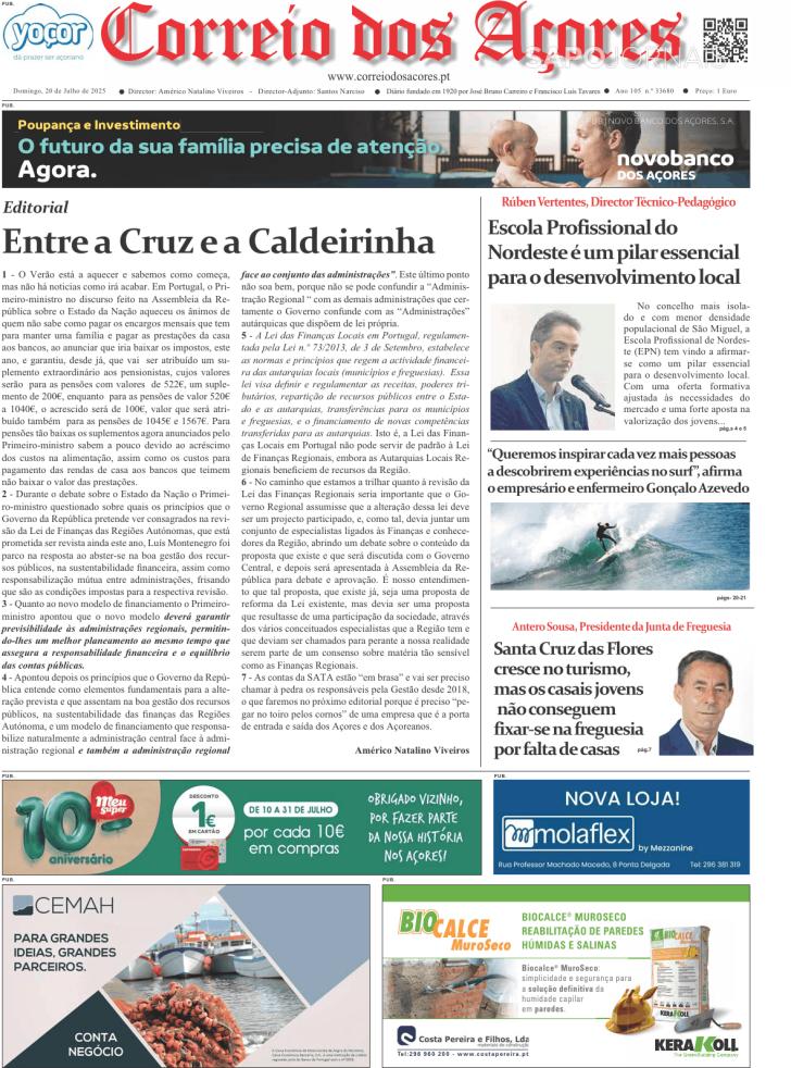 Capa Correio dos Aores - 2025-07-20