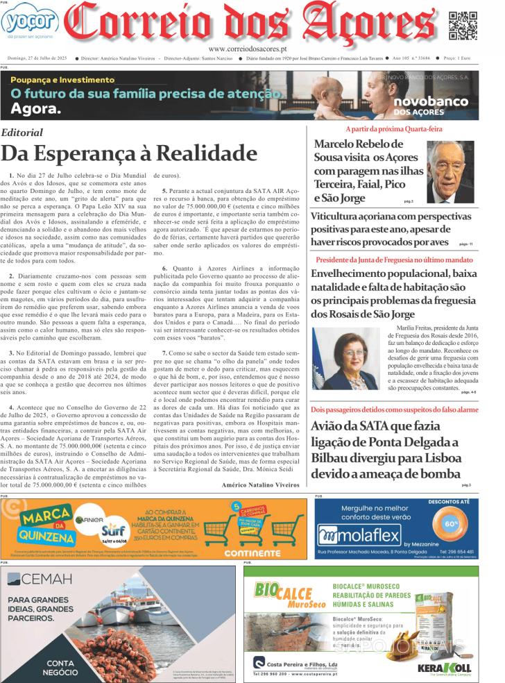 Capa Correio dos Aores - 2025-07-27