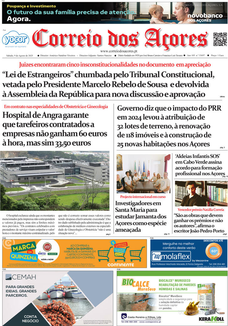 Capa Correio dos Aores - 2025-08-09