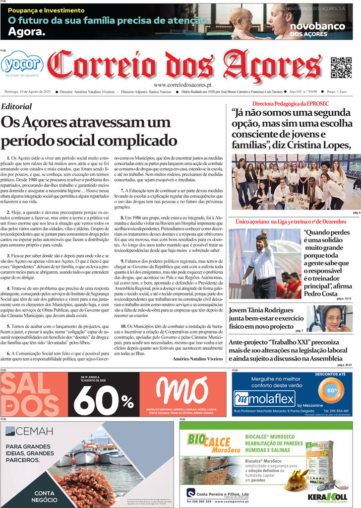 Capa Correio dos Aores - 2025-08-10