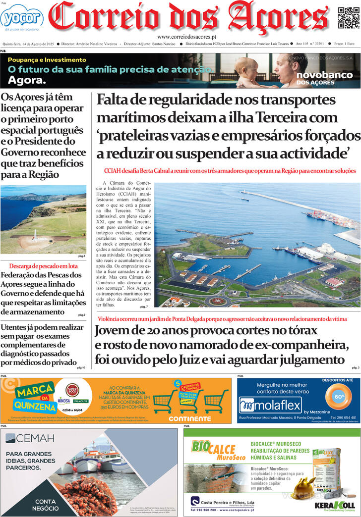 Capa Correio dos Aores - 2025-08-14