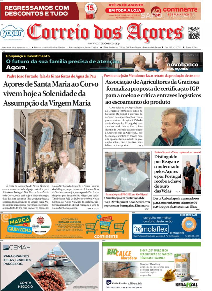 Capa Correio dos Aores - 2025-08-15