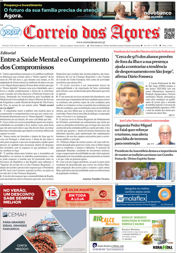 Capa Correio dos Aores - 2025-08-24