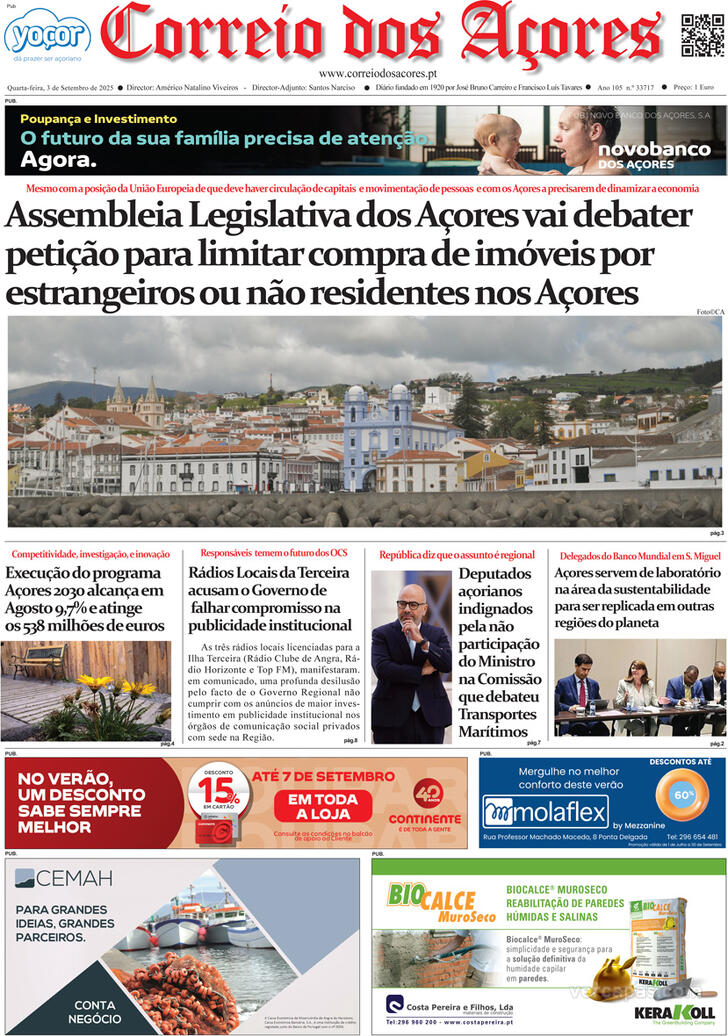 Capa Correio dos Aores - 2025-09-03