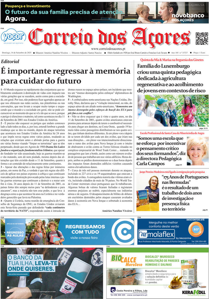 Capa Correio dos Aores - 2025-09-14