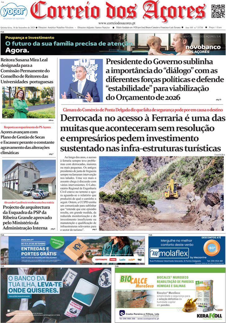 Capa Correio dos Aores - 2025-09-18