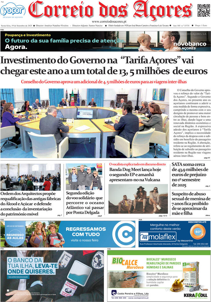 Capa Correio dos Aores - 2025-09-19