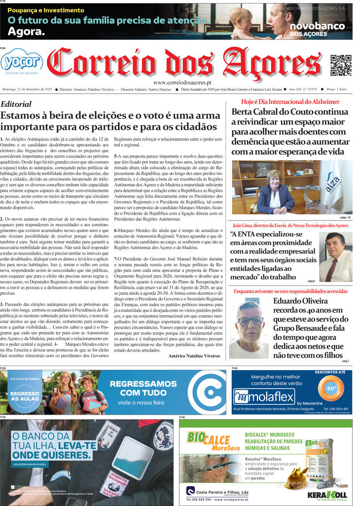 Capa Correio dos Aores - 2025-09-21