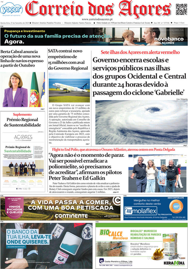 Capa Correio dos Aores - 2025-09-25