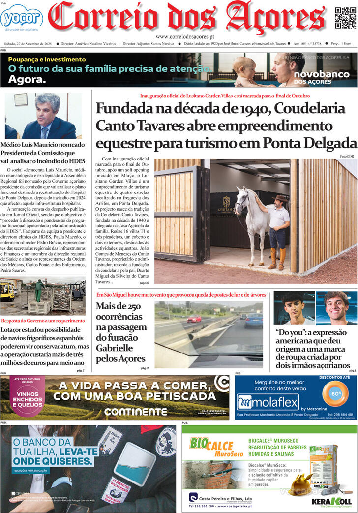 Capa Correio dos Aores - 2025-09-27