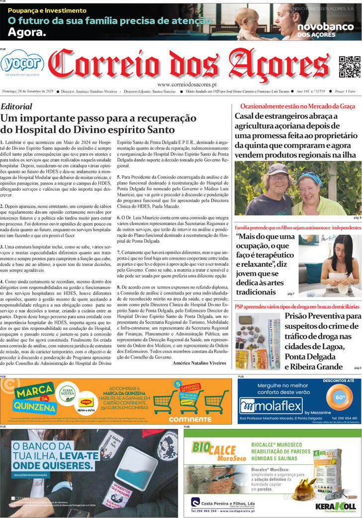Capa Correio dos Aores - 2025-09-28