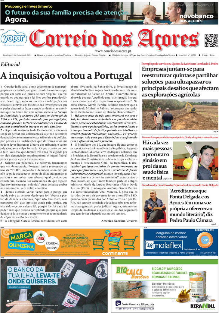 Capa Correio dos Aores - 2025-10-05