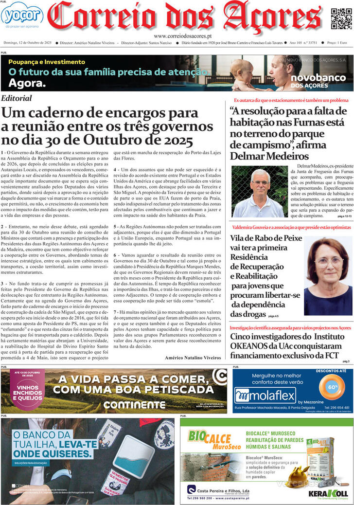 Capa Correio dos Aores - 2025-10-12