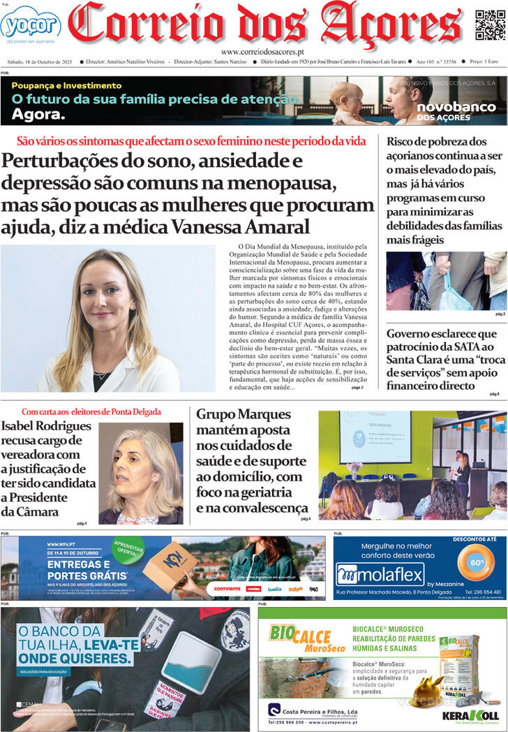 Capa Correio dos Aores - 2025-10-18