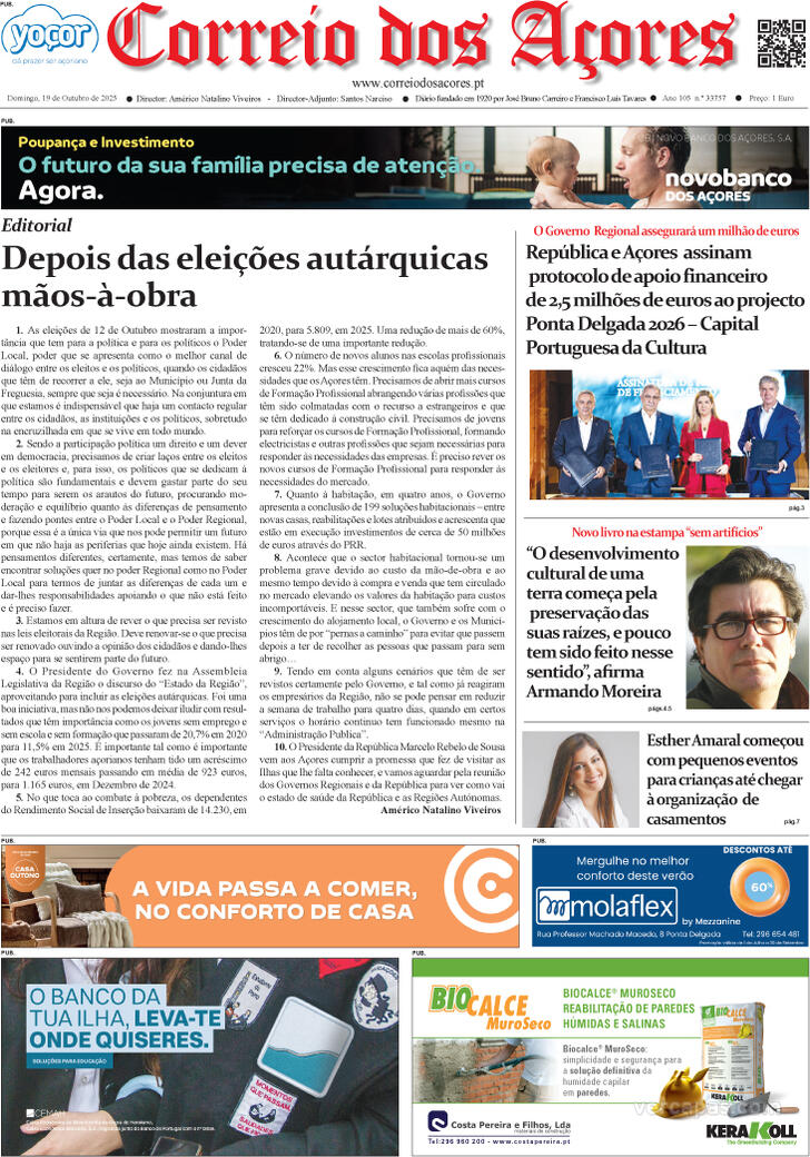 Capa Correio dos Aores - 2025-10-19
