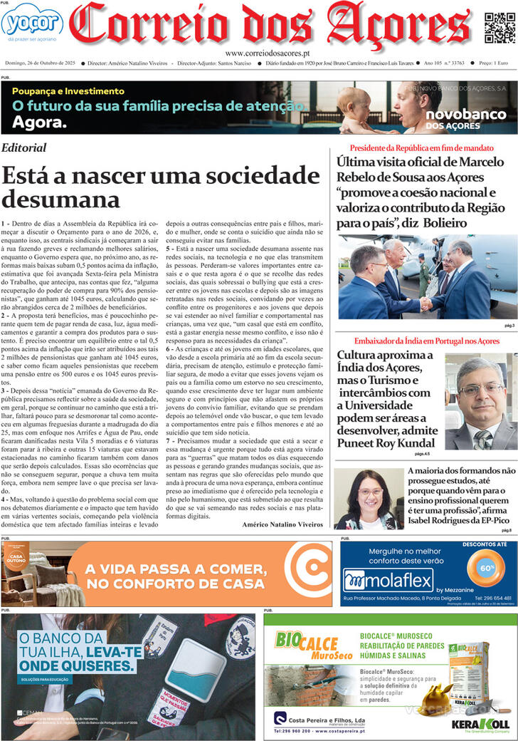 Capa Correio dos Aores - 2025-10-26