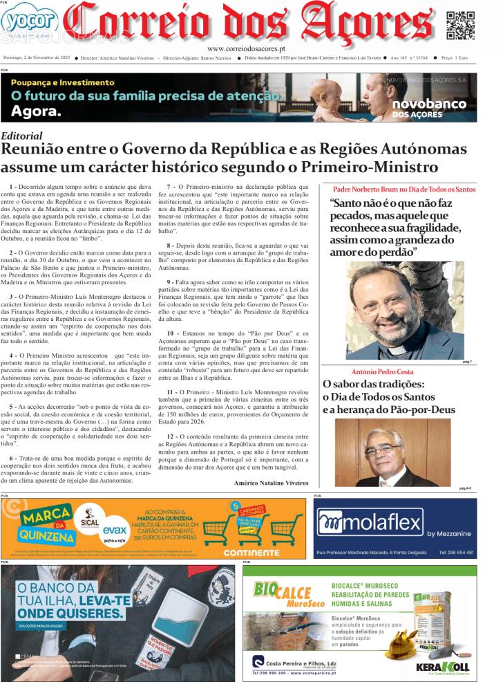 Capa Correio dos Aores - 2025-11-02
