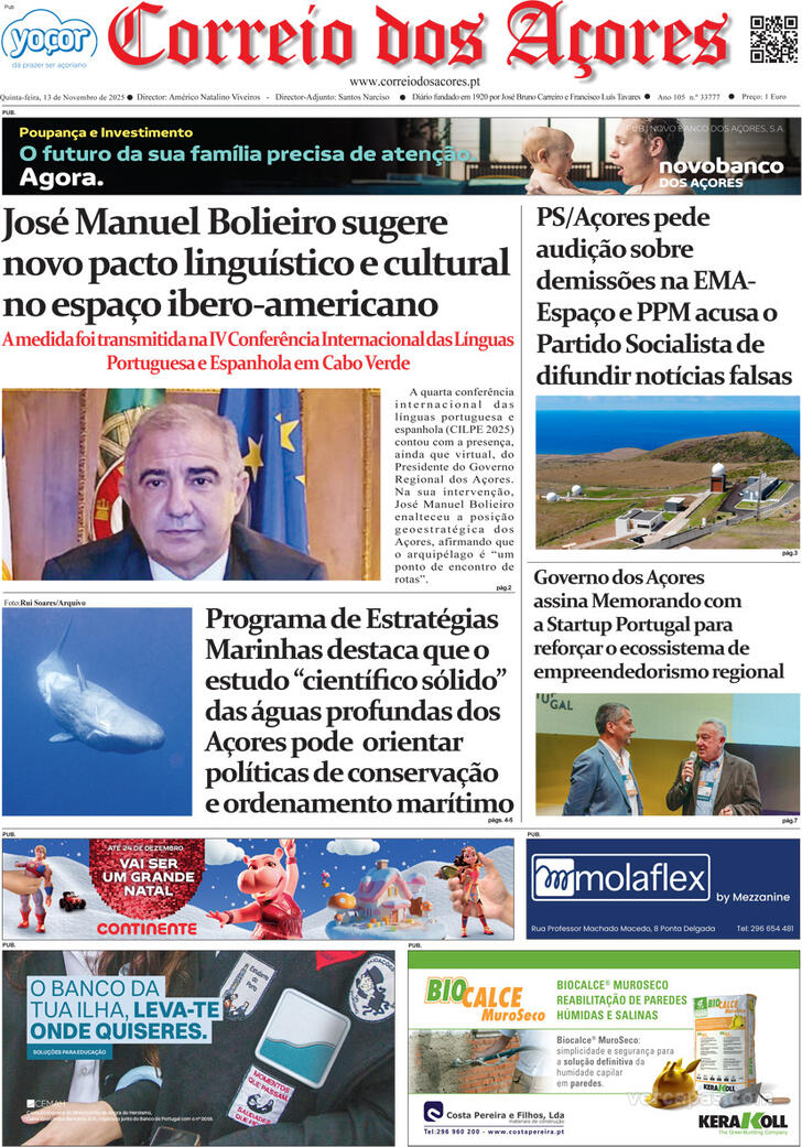 Capa Correio dos Aores - 2025-11-13