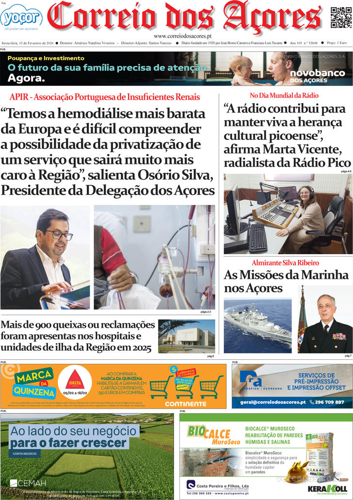 Capa Correio dos A�ores - 2026-02-13