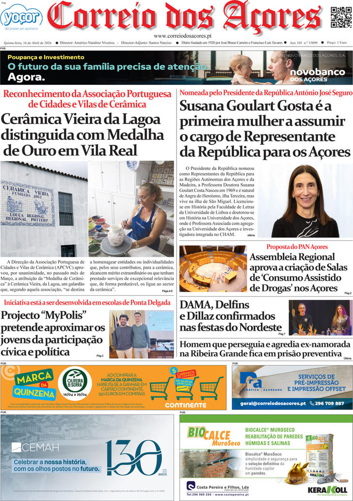 Capa Correio dos A�ores - 2026-04-16