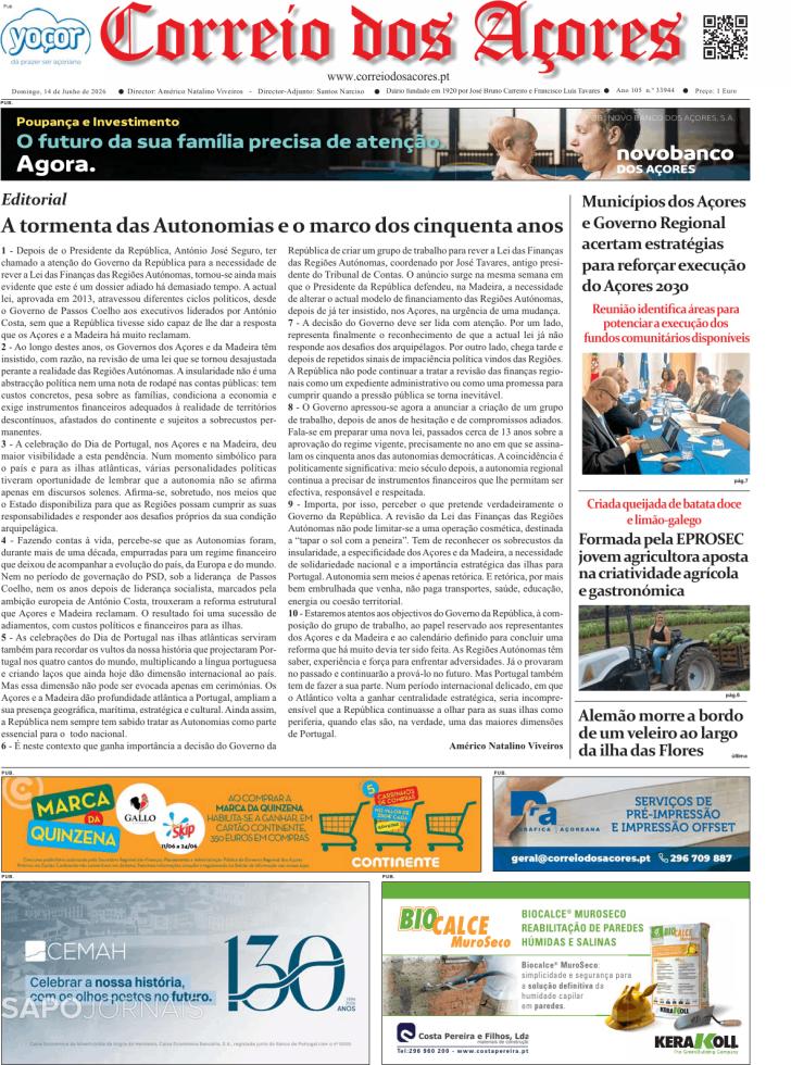 Capa Correio dos A�ores - 2026-06-14