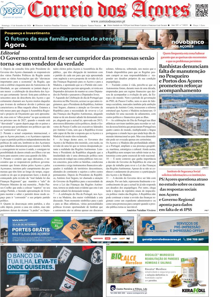 Capa Correio dos A�ores - 2026-09-13