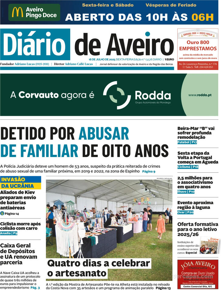 Capa Dirio de Aveiro - 2025-07-18