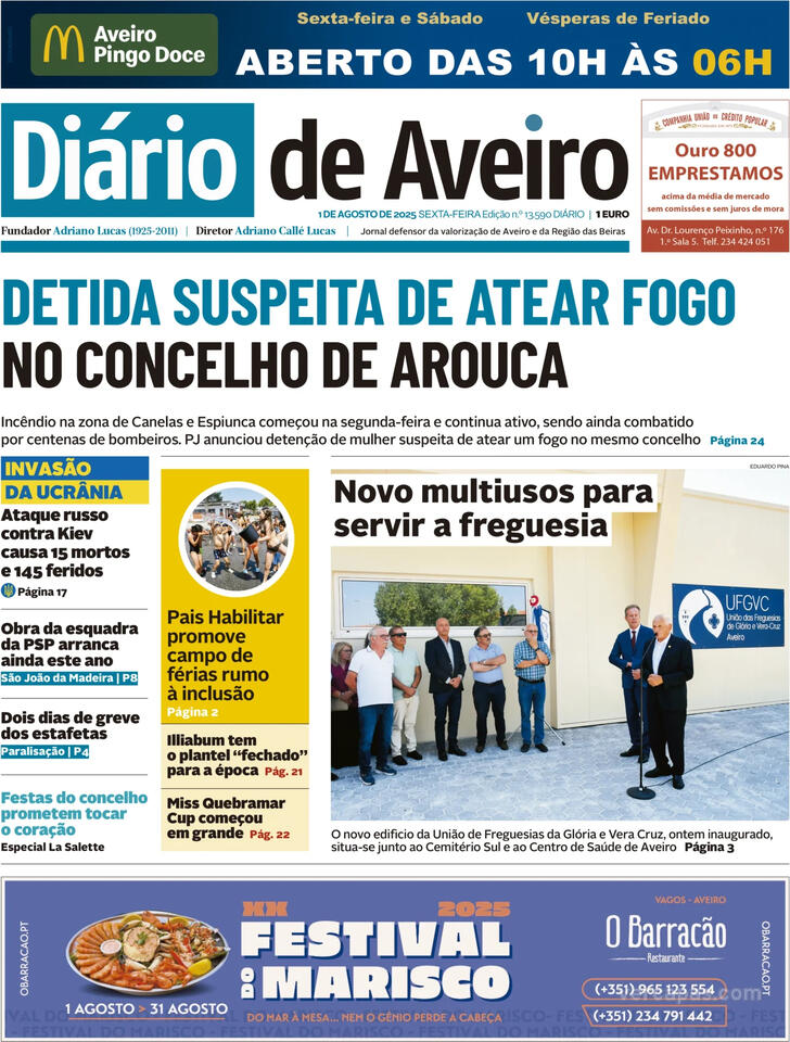 Capa Dirio de Aveiro - 2025-08-01