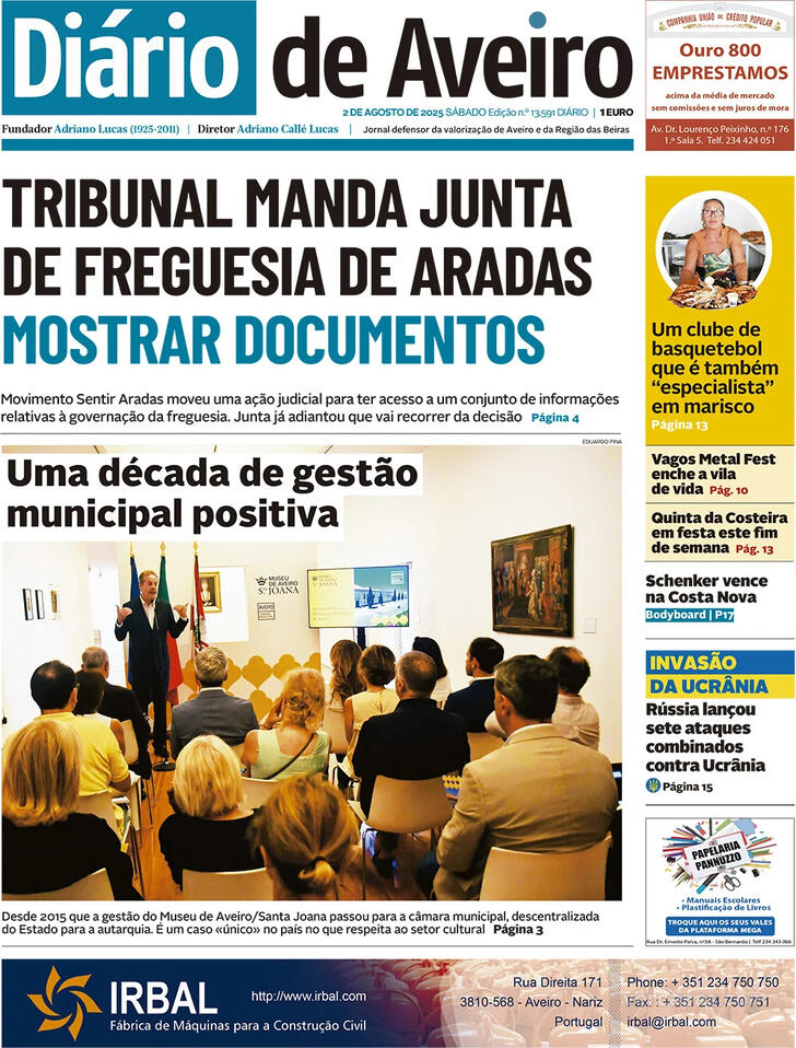 Capa Dirio de Aveiro - 2025-08-02