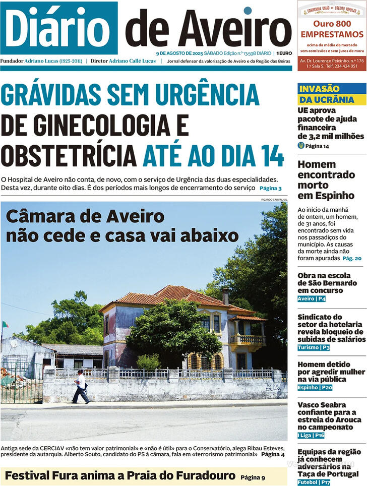 Capa Dirio de Aveiro - 2025-08-09