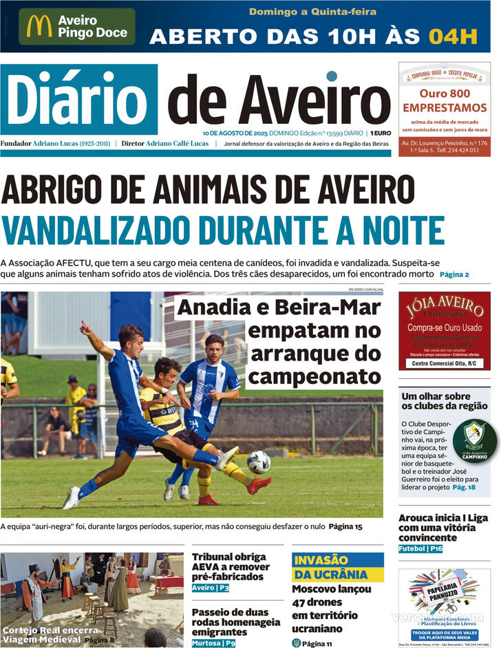 Capa Dirio de Aveiro - 2025-08-10