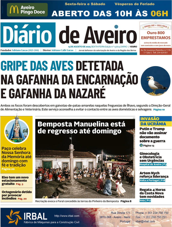Capa Dirio de Aveiro - 2025-08-15